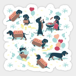 Hot dogs and lemonade // aqua green background navy and brown dachshunds Sticker